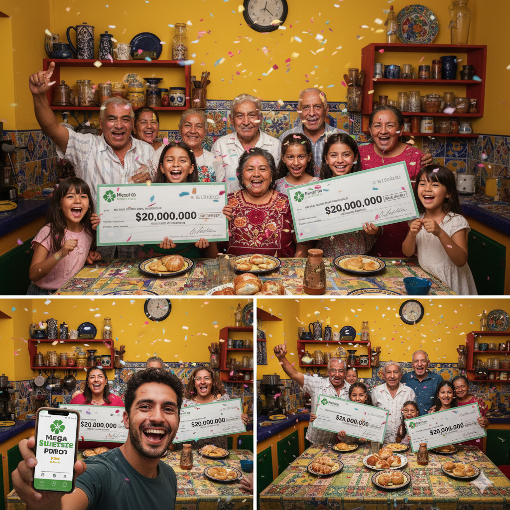 Foto de uma família comemorando com um cheque de loteria